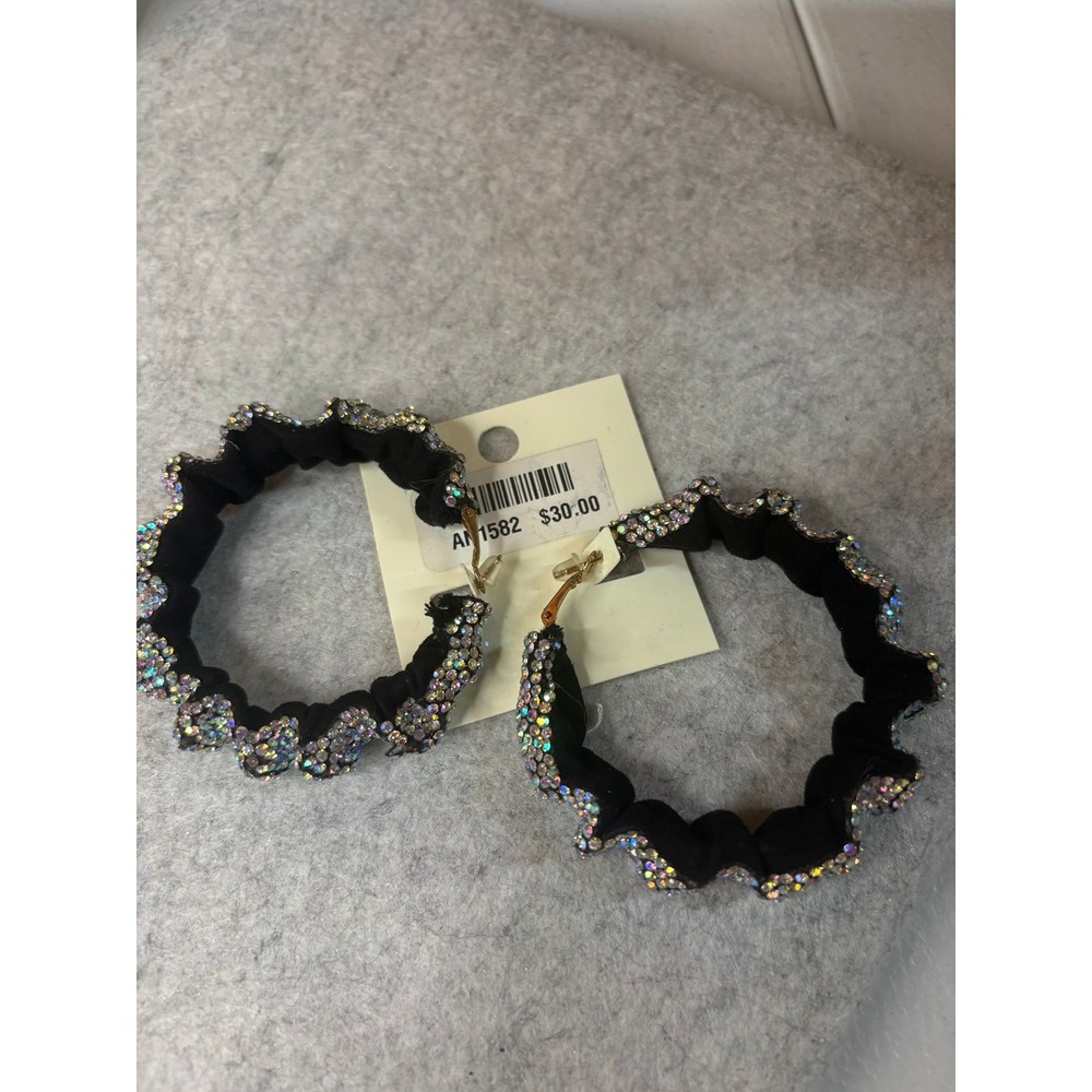 Black Fabric Hoop Embellished Earrings